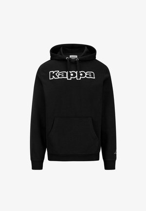 Felpa nera con cappuccio in cotone, dotata di tasca frontale, cappuccio regolabile e logo "Kappa" bianco sul petto. Vestibilità standard.