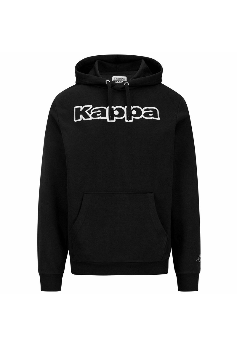 Felpa nera con cappuccio in cotone, dotata di tasca frontale, cappuccio regolabile e logo "Kappa" bianco sul petto. Vestibilità standard.