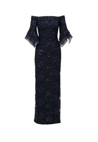 Abito blu navy scollato sulle spalle con ricami floreali in pizzo e paillettes. Presenta maniche arricciate e una silhouette aderente, che arriva fino alle caviglie.