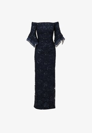 Off-the-shoulder navy dress with floral lace embroidery and sequins. Features ruffled sleeves and a fitted silhouette, reaching the ankles.