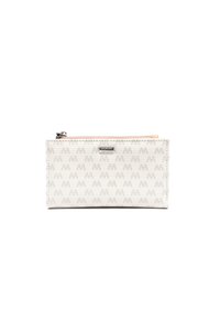 Bijela novčanica s patentnim zatvaračem s svijetlosivim uzorkom loga, ružičastim povlačenjem zatvarača i srebrnim hardverom. Teksturirana vanjština, tanka pravokutna forma.