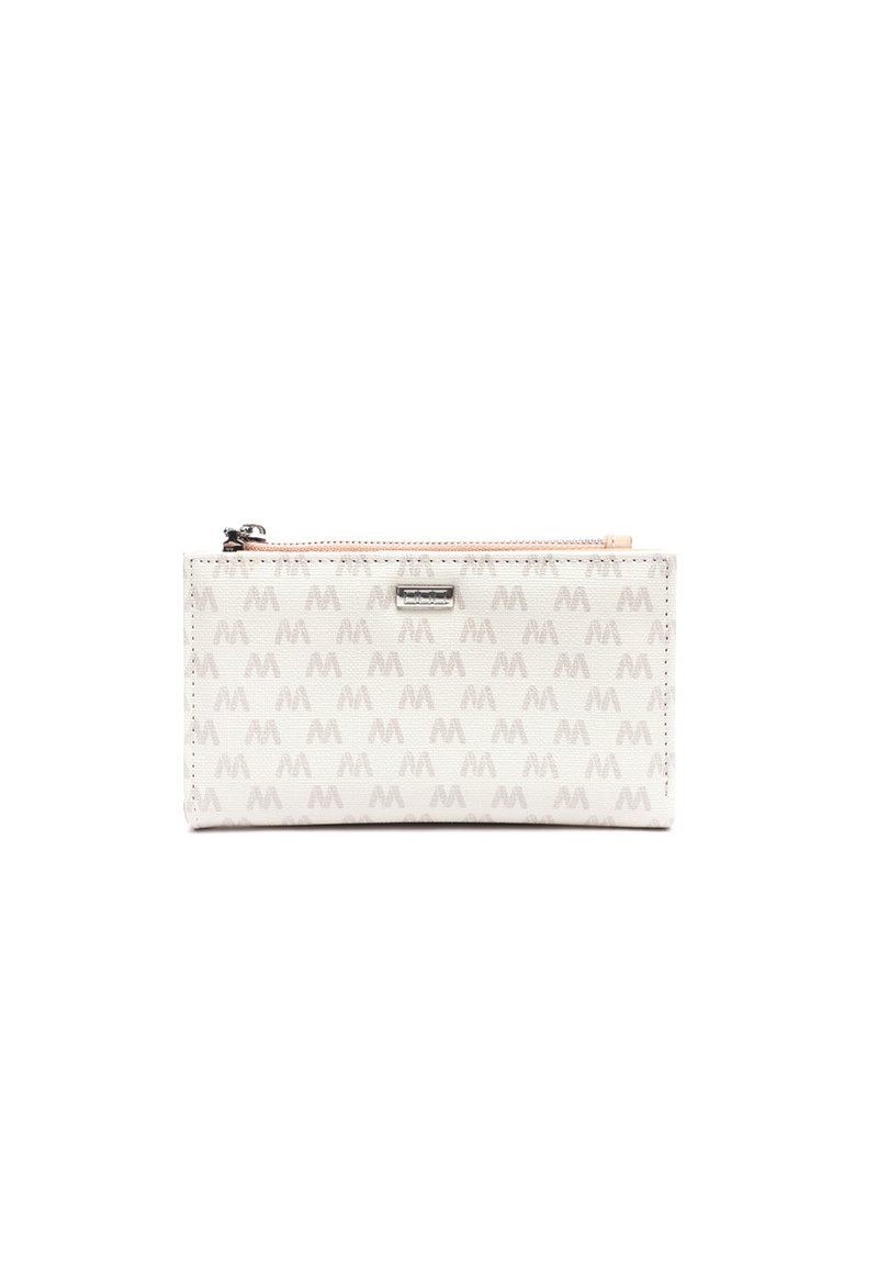 Bijela novčanica s patentnim zatvaračem s svijetlosivim uzorkom loga, ružičastim povlačenjem zatvarača i srebrnim hardverom. Teksturirana vanjština, tanka pravokutna forma.