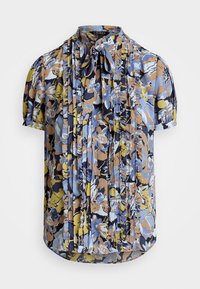 Blusa a maniche corte in tessuto leggero con motivo floreale nei colori blu, giallo e marrone; design plissettato con collo a cravattino.