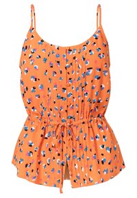 Orange tygtröja med tunna band, med ett mönster av blå, rosa och svarta prickar, plisserad design och cinchad midja med en knytning.