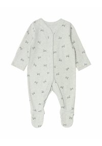Grå babybodysuit i mjuk bomull. Har långa ärmar, fotade byxor och en tryckknappsöppning med ett litet hundmönster genom hela.