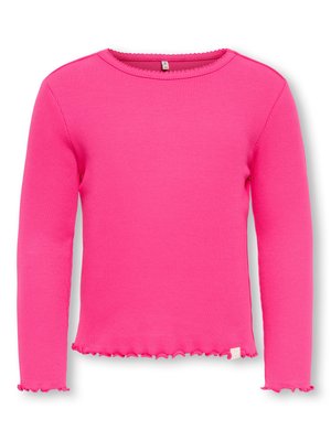 Bright pink long-sleeve ribbed shirt with lettuce edge trim on neckline, cuffs, and hem, displayed on a white background.