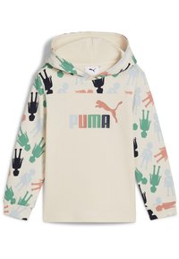 Sudadera crema con un patrón integral de siluetas coloridas, con un bolsillo tipo canguro en la parte frontal y un audaz logo "PUMA" en el pecho.