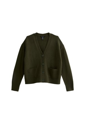Donkergroene cardigan met een V-hals, lange mouwen, sluiting met knopen aan de voorkant en twee voorzakken. Zachte textuur en een relaxte pasvorm.