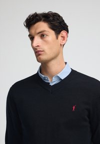Maglione nero a V realizzato in tessuto a maglia, con un piccolo logo rosso di un golfista sul petto; indossato sopra una camicia blu chiaro con colletto.