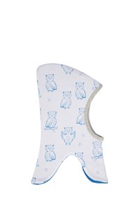 Garment bianco con cappuccio caratterizzato da un motivo di gufi ripetuto in blu. Tessuto morbido, forma aderente, foderato in grigio chiaro, con accenti blu ai bordi.