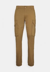 Cargo bukser i khaki farve, lavet af bomuld med en glat tekstur. Har flere sidelommer og et tætsiddende ankel-design.