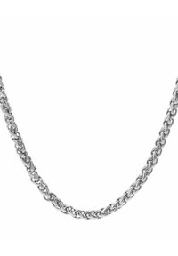 Collana in acciaio inossidabile color argento con maglie intrecciate in un design twist, con una finitura liscia e lucidata.