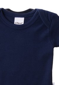Navy blue cotton onesie with short sleeves, featuring a round neckline and reinforced stitching at the collar for durability. Labeled "Liliput."