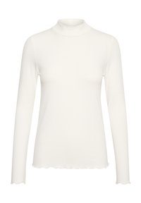 Valge pika svilita turtleneck särk, mis on valmistatud ribakonstruktsiooniga kangast, kaunistatud lainelise äärise ja sileda tekstuuriga. Lihtne, istuv disain.