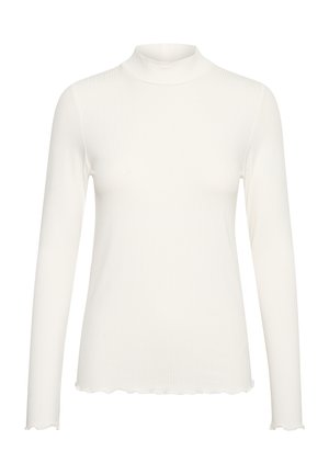 Camiseta blanca de manga larga con cuello alto, hecha de tejido acanalado, con un dobladillo ondulado y una textura suave. Diseño simple y ajustado.