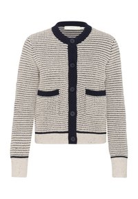 Knitted cardigan in cream with navy accents. Features a round neckline, button closure, two front pockets, and ribbed cuffs and hem.