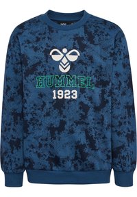 Blauwe sweatshirt met een textuurlijk patroon, voorzien van een wit logo en de tekst "HUMMEL 1923" in groen en witte letters. Geribde manchetten en halslijn.