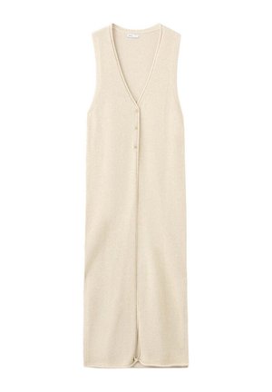 Dugačak bež pleteni prsluk bez rukava s V-izrezom i tri gumba sprijeda koji sežu ispod koljena.