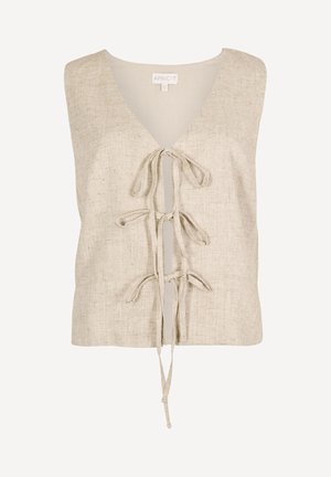 Ärmellose beige Leinenweste mit tiefem V-Ausschnitt und drei vorderen Binderverschlüssen.