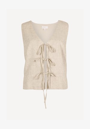 Ärmellose beige Leinenweste mit tiefem V-Ausschnitt und drei vorderen Binderverschlüssen.