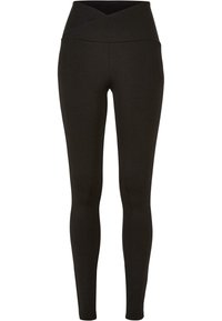 Leggings noirs en tissu extensible, dotés d'une taille haute croisée. Texture lisse sans motifs ni accents visibles.