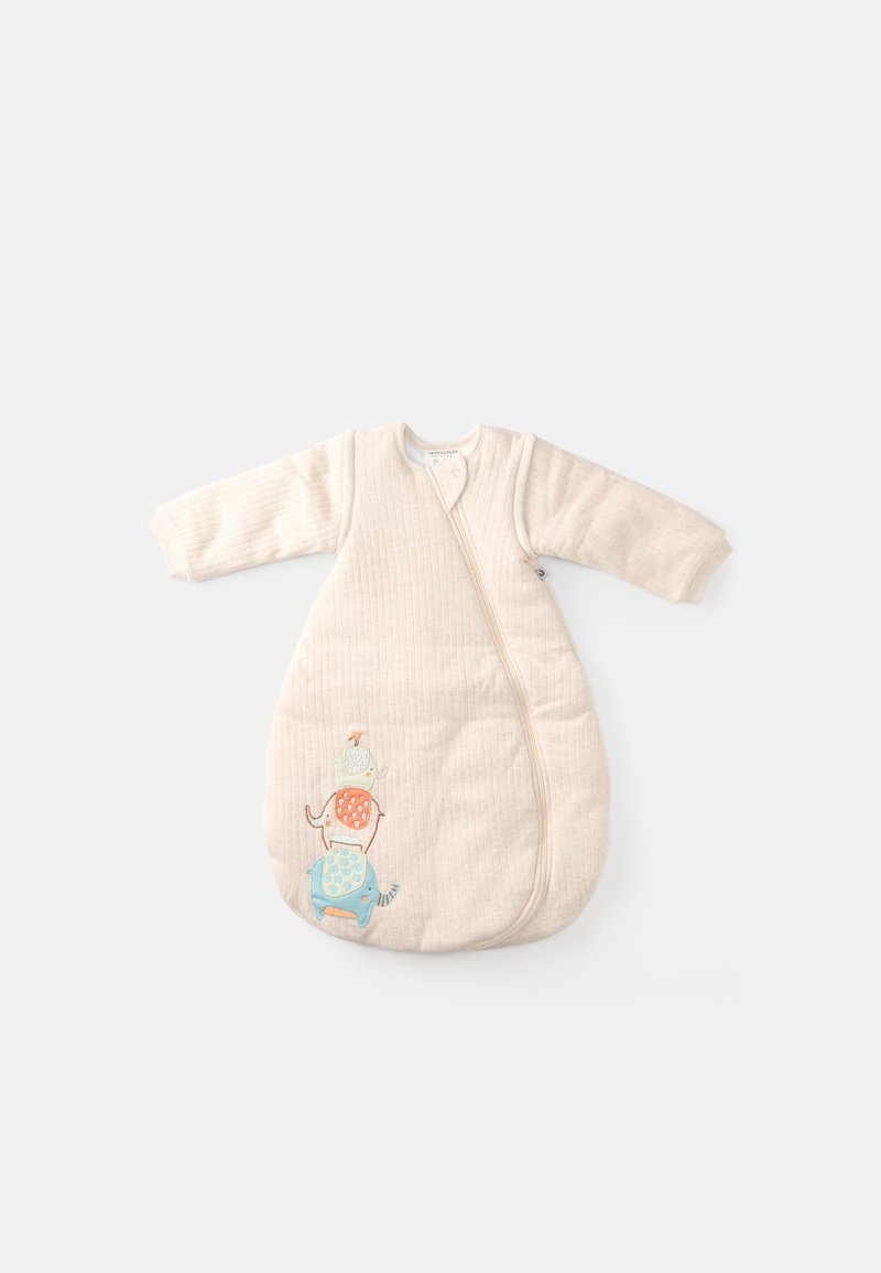 Saco de dormir sem mangas em tecido bege com efeito canelado, com um fecho éclair frontal e um design aplicado de animais coloridos na parte da frente.