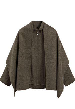 Giacca in misto lana marrone con un design ampio e aperto, vita elasticizzata e colletto alto, dotata di una chiusura frontale con zip e bottone.