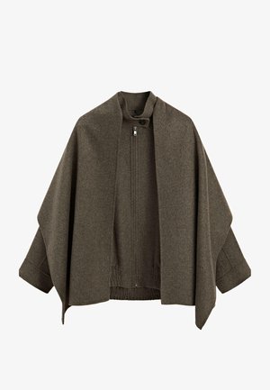 Veste en mélange de laine marron au design large et ouvert, avec une taille élastique et un col haut, dotée d'une fermeture éclair à l'avant et d'un bouton.