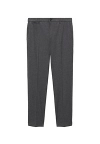 Pantaloni grigi realizzati in un tessuto robusto, caratterizzati da un design a gamba dritta, chiusura con bottone anteriore e tasche laterali.