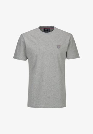 Hellgraues Kurzarm-T-Shirt mit Rundhalsausschnitt und kleinem Schild-Emblem auf der linken Brust.