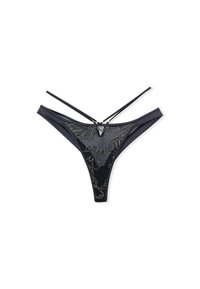 String noir en tissu doux avec un panneau en tulle transparent et des broderies florales. Caractérisé par des bretelles fines et un design minimaliste.