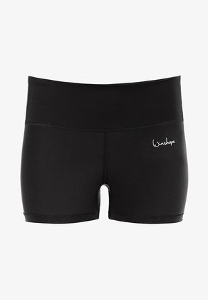 Zwarte sportshorts van rekbaar materiaal. Heeft een brede tailleband en een korte snit. Bevat een klein wit logo aan de voorkant.