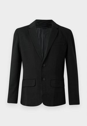 Svart blazer i släta tyget, med en enkelknäppt design, två framfickor, en slagkrage och två knappar.