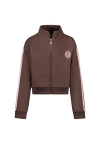 Geknipte bruine ritsjack in een katoenmengsel, met roze zijstrepen en een logo op de borst. Hoge kraag en geribde manchetten.