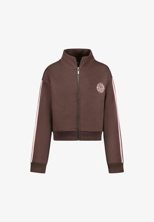 Geknipte bruine ritsjack in een katoenmengsel, met roze zijstrepen en een logo op de borst. Hoge kraag en geribde manchetten.