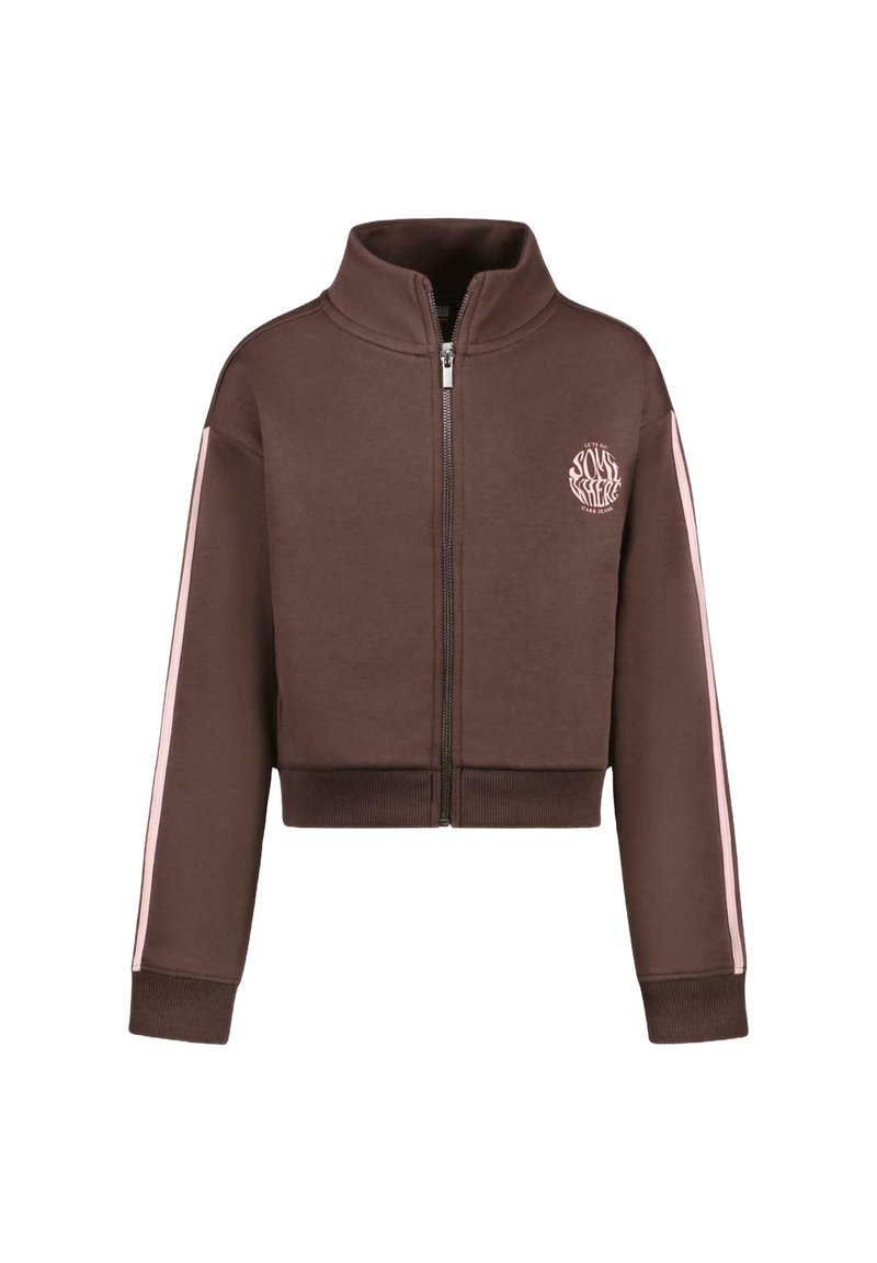 Geknipte bruine ritsjack in een katoenmengsel, met roze zijstrepen en een logo op de borst. Hoge kraag en geribde manchetten.