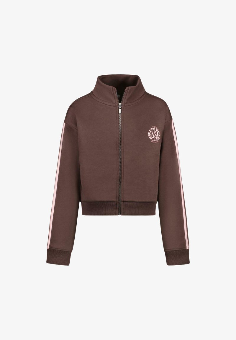 Geknipte bruine ritsjack in een katoenmengsel, met roze zijstrepen en een logo op de borst. Hoge kraag en geribde manchetten.