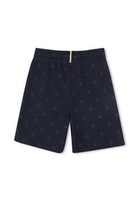 Shorts bleu marine avec une taille élastique, comportant un motif géométrique subtil et un accent doré au centre à l'arrière.