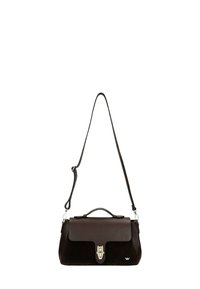 Borsa a tracolla in pelle e suede marrone con forma strutturata, manico superiore, chiusura a pattina e tracolla regolabile. Accenti in metallo argentato.