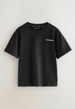 Juoda medvilninė marškinėlių su trumpomis rankovėmis ir apvali apykakle. Su balta "ALLSAINTS" logotipu ant krūtinės, lygi tekstūra ir laisvas siluetas.