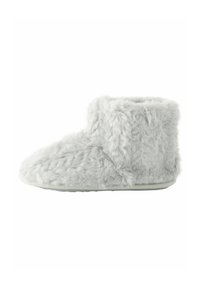 Grå faux fur ankelsko, blød tekstur, rund form, lav højde, polstret inderside og gummisål for godt greb. Ideel til indendørs brug.