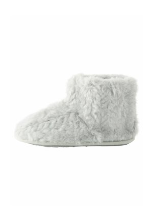 Grå fuskpäls ankle boot, mjuk textur, rund form, låg höjd, vadderad inredning och gummisula för grepp. Idealisk för inomhusbruk.