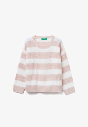 Jersey de punto a rayas en rosa claro y blanco. Presenta un cuello redondo, mangas largas y un bajo corto. Tejido texturizado con un patrón de punto visible.