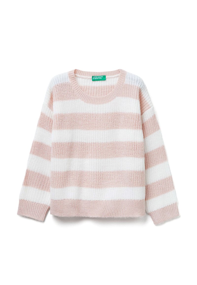 Maglione a maglia a righe in rosa chiaro e bianco. Presenta un collo rotondo, maniche lunghe e orlo corto. Tessuto testurizzato con motivo a maglia visibile.