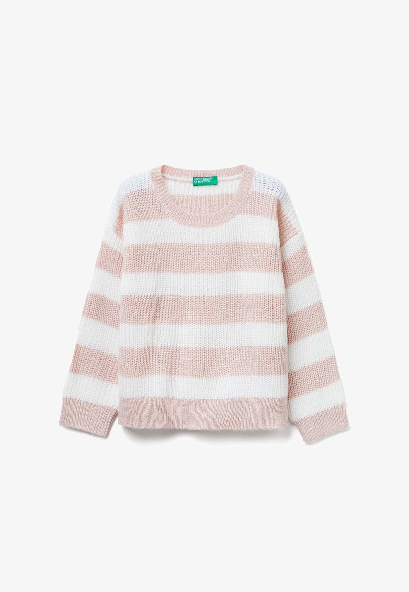 Maglione a maglia a righe in rosa chiaro e bianco. Presenta un collo rotondo, maniche lunghe e orlo corto. Tessuto testurizzato con motivo a maglia visibile.