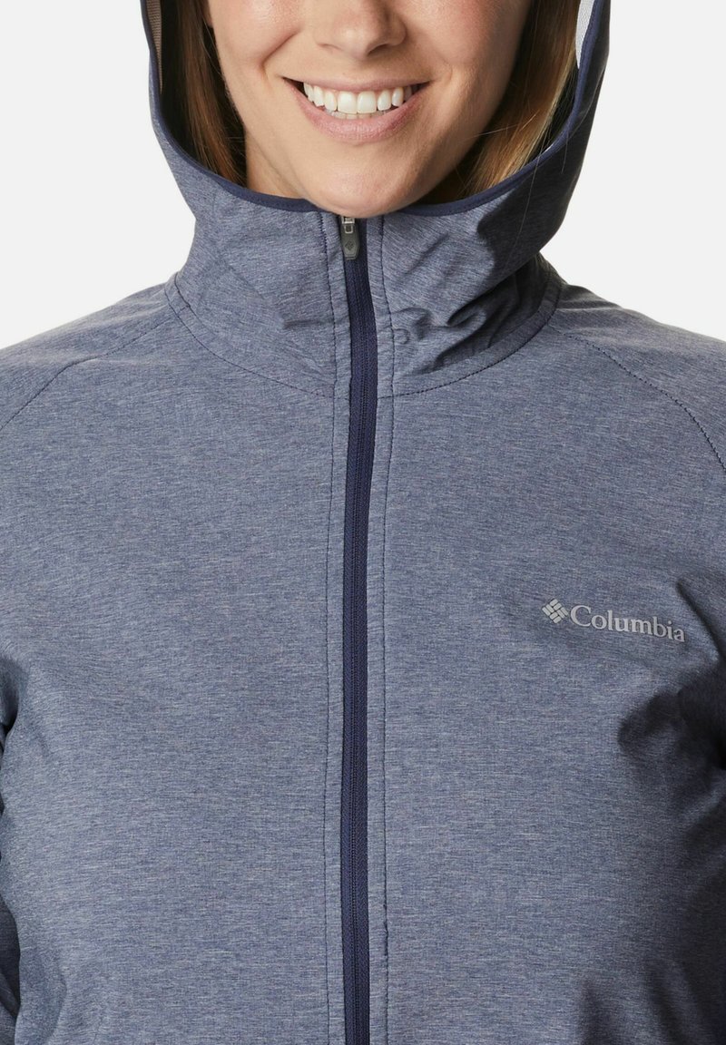Felpa Columbia in materiale blu mélange con zip completa e cappuccio regolabile; presenta un logo nella parte sinistra del petto.