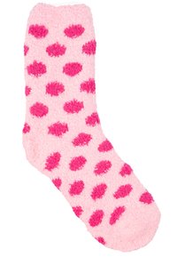 Calza pelosa rosa con una texture morbida e grandi pois magenta distribuiti uniformemente nel design.