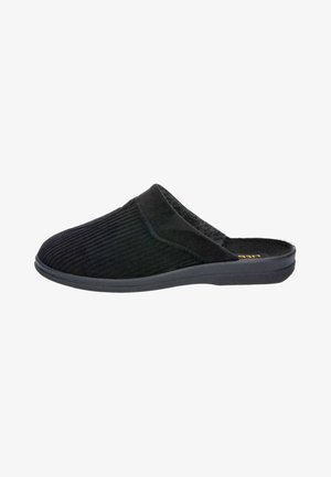 Black slip-on slippers with a ribbed fabric upper, soft lining, and a textured black rubber sole. Features a subtle, angled design.