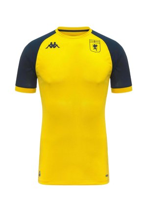 Maillot de sport jaune avec des manches bleu marine foncé, un blason de lion sur la poitrine gauche et un logo Kappa sur la poitrine droite.