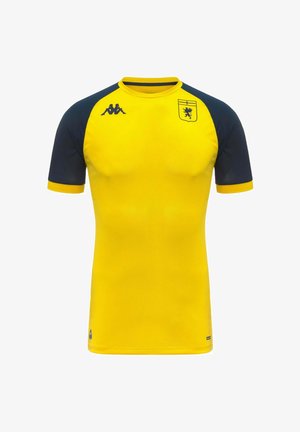 Maillot de sport jaune avec des manches bleu marine foncé, un blason de lion sur la poitrine gauche et un logo Kappa sur la poitrine droite.